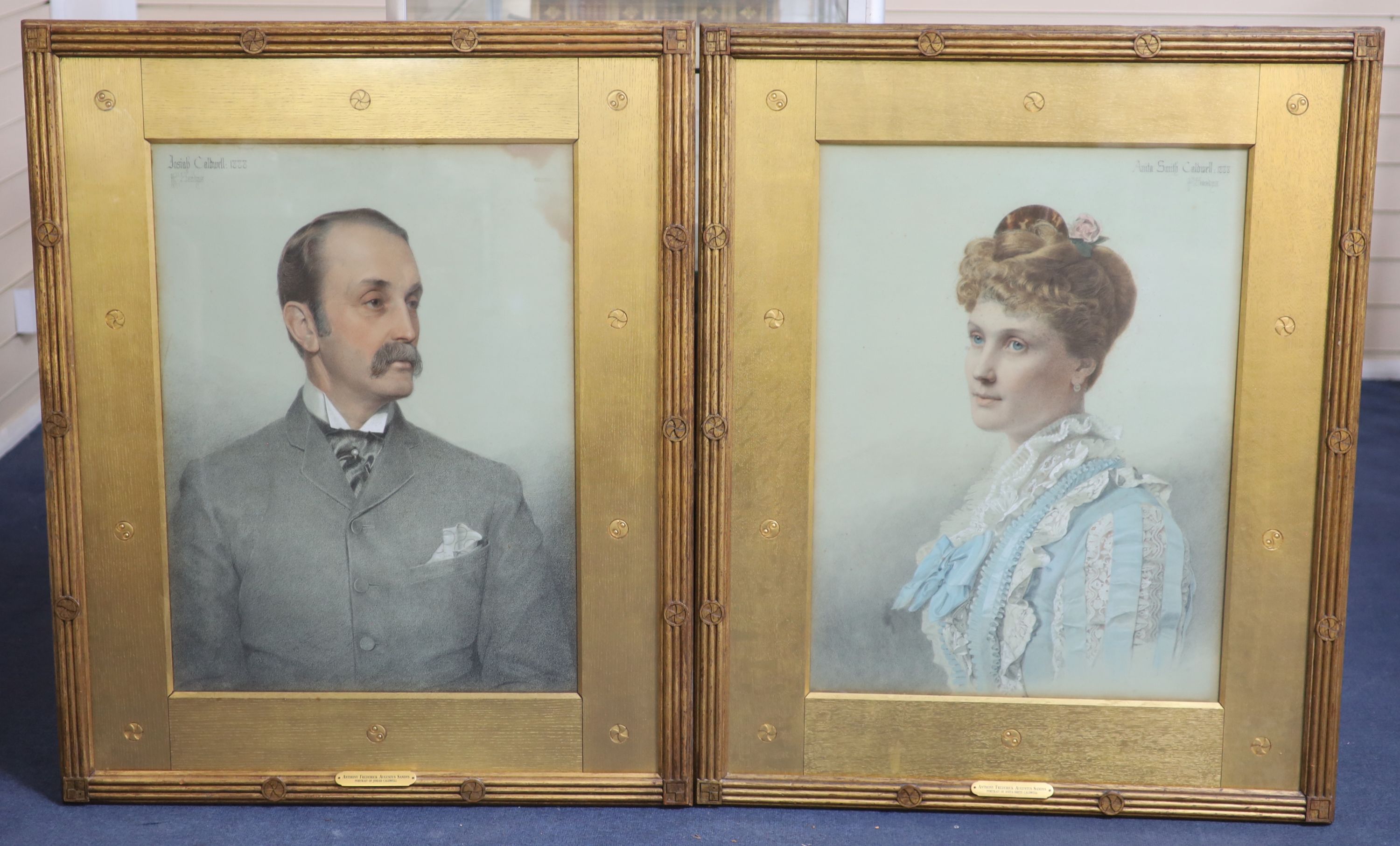 Anthony Frederick Augustus Sandys A.R.A (1829-1904), Portraits of Josiah Caldwell (1837-1896) and Anita Smith Caldwell, pencil and coloured chalks, 68 x 50.5cm